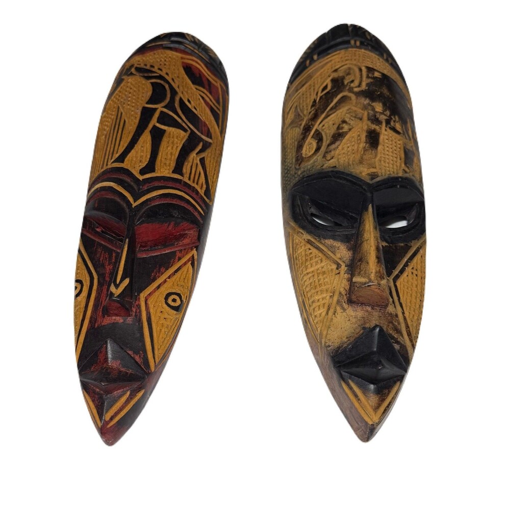 Vintage Hand Carved African Wood Wall Masks 17” Pair Leather Hangers